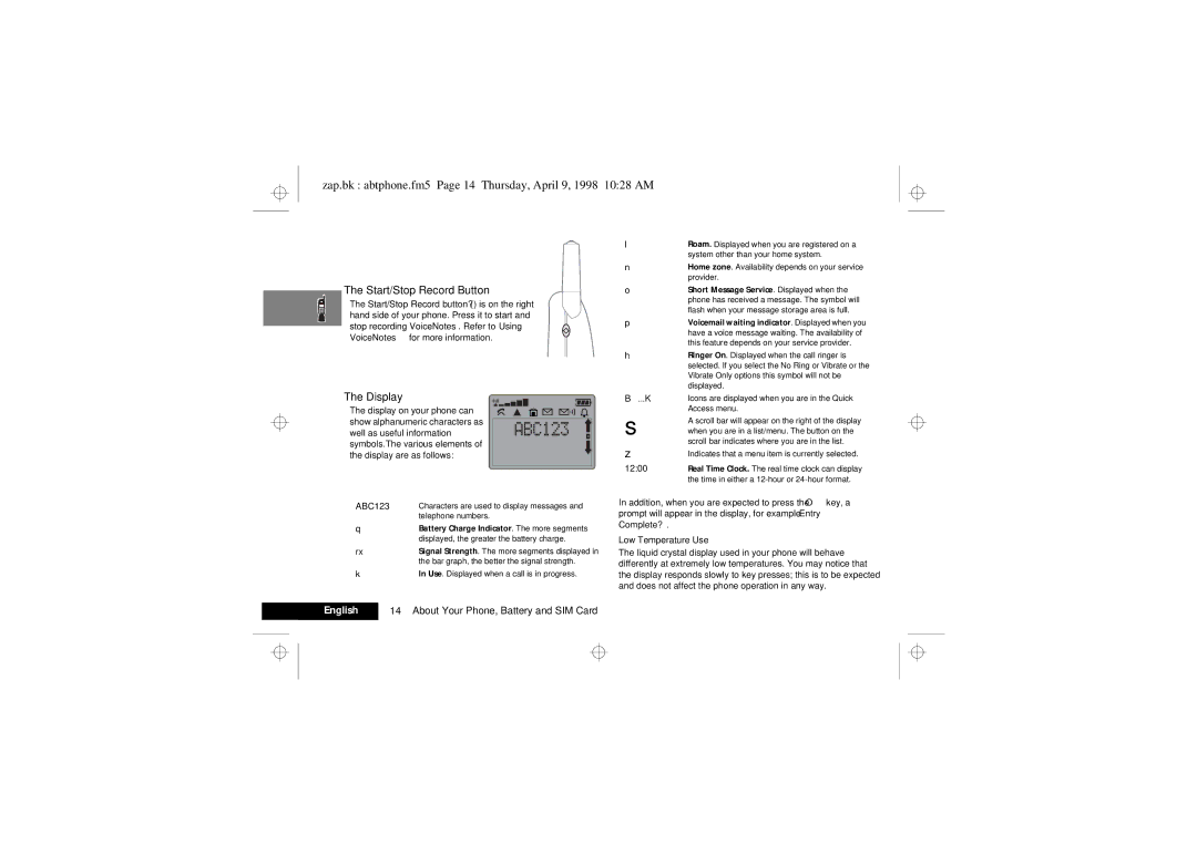 Motorola 900 Series manual Zap.bk abtphone.fm5 Page 14 Thursday, April 9, 1998 1028 AM, Start/Stop Record Button, Display 