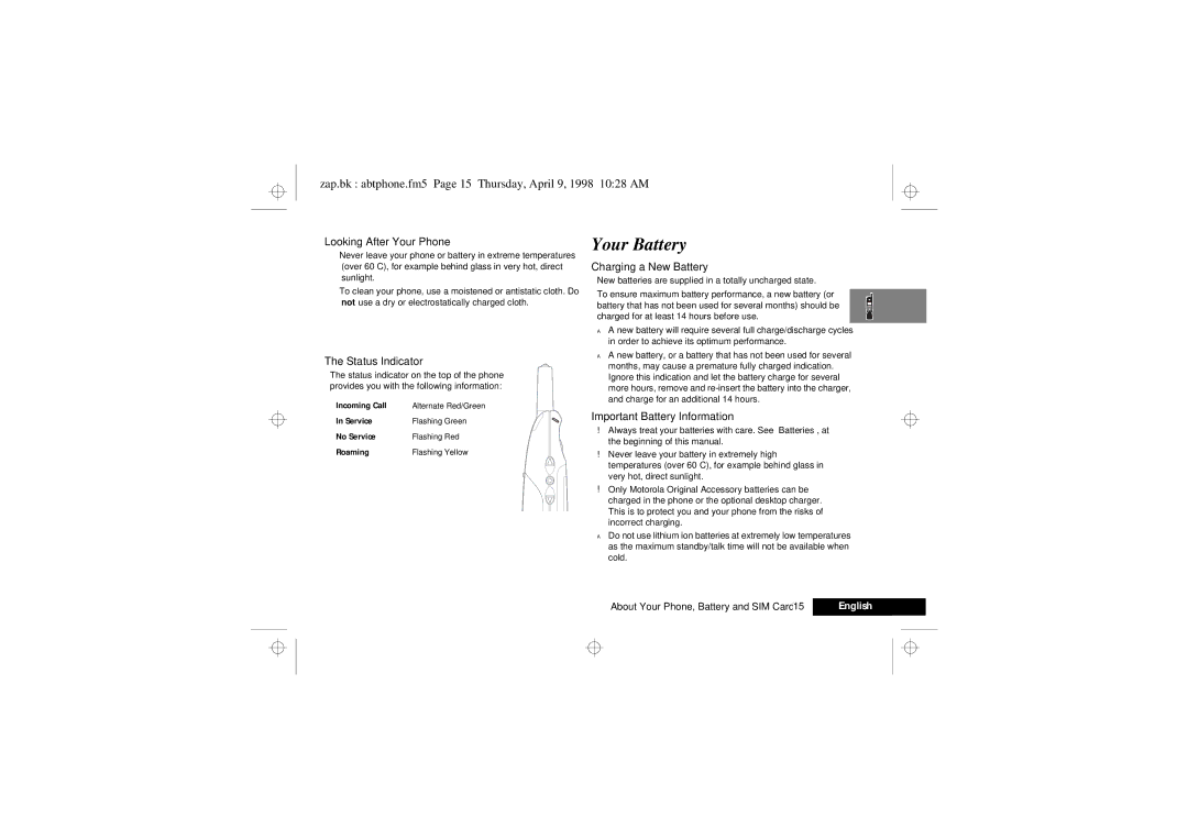 Motorola 900 Series manual Your Battery, Zap.bk abtphone.fm5 Page 15 Thursday, April 9, 1998 1028 AM 