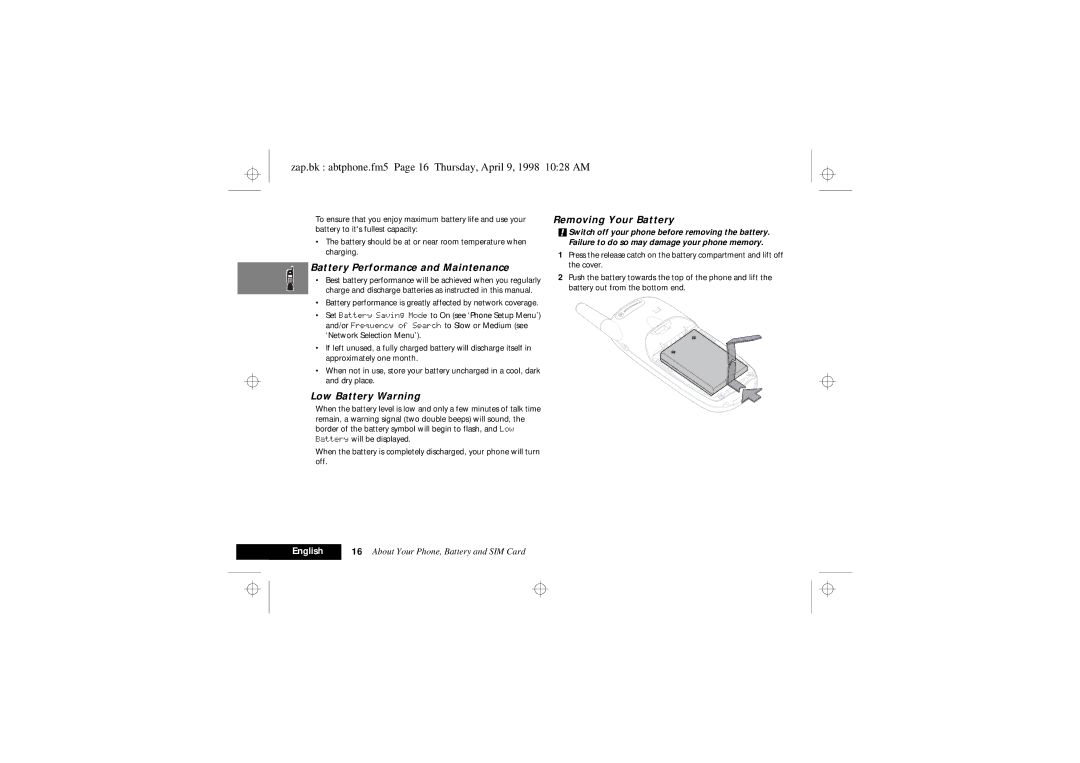 Motorola 900 Series manual Zap.bk abtphone.fm5 Page 16 Thursday, April 9, 1998 1028 AM, Battery Performance and Maintenance 