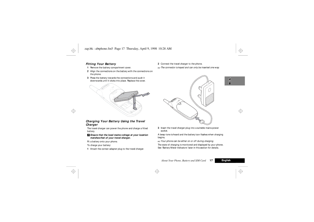 Motorola 900 Series manual Zap.bk abtphone.fm5 Page 17 Thursday, April 9, 1998 1028 AM, Fitting Your Battery 