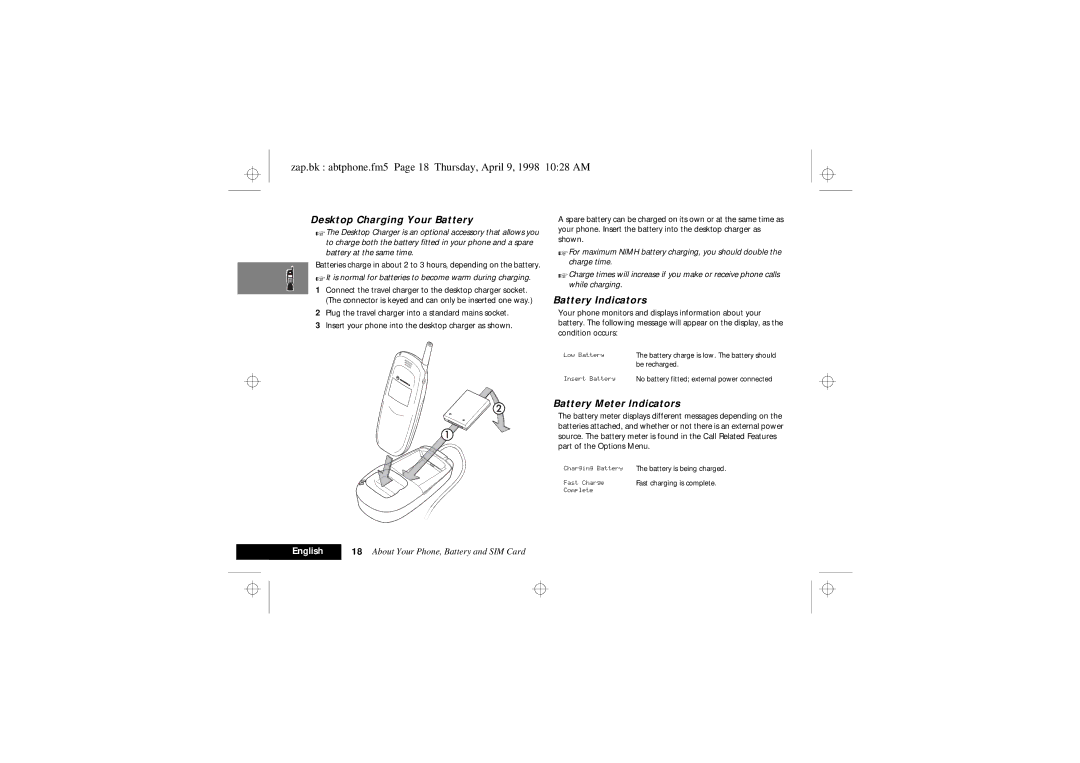 Motorola 900 Series manual Zap.bk abtphone.fm5 Page 18 Thursday, April 9, 1998 1028 AM, Desktop Charging Your Battery 