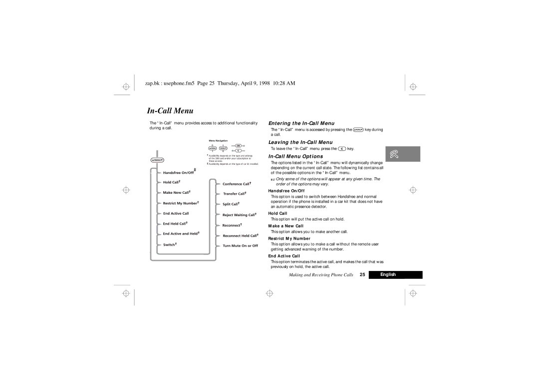 Motorola 900 Series manual Zap.bk usephone.fm5 Page 25 Thursday, April 9, 1998 1028 AM, Entering the In-Call Menu 