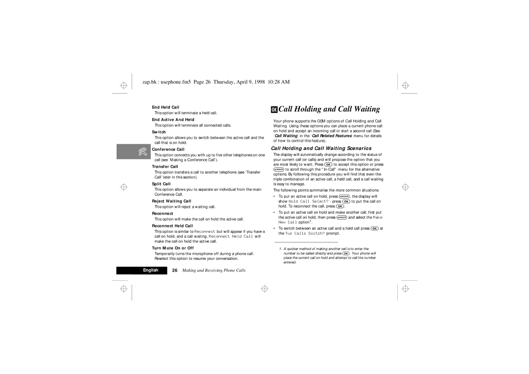 Motorola 900 Series manual Call Holding and Call Waiting, Zap.bk usephone.fm5 Page 26 Thursday, April 9, 1998 1028 AM 