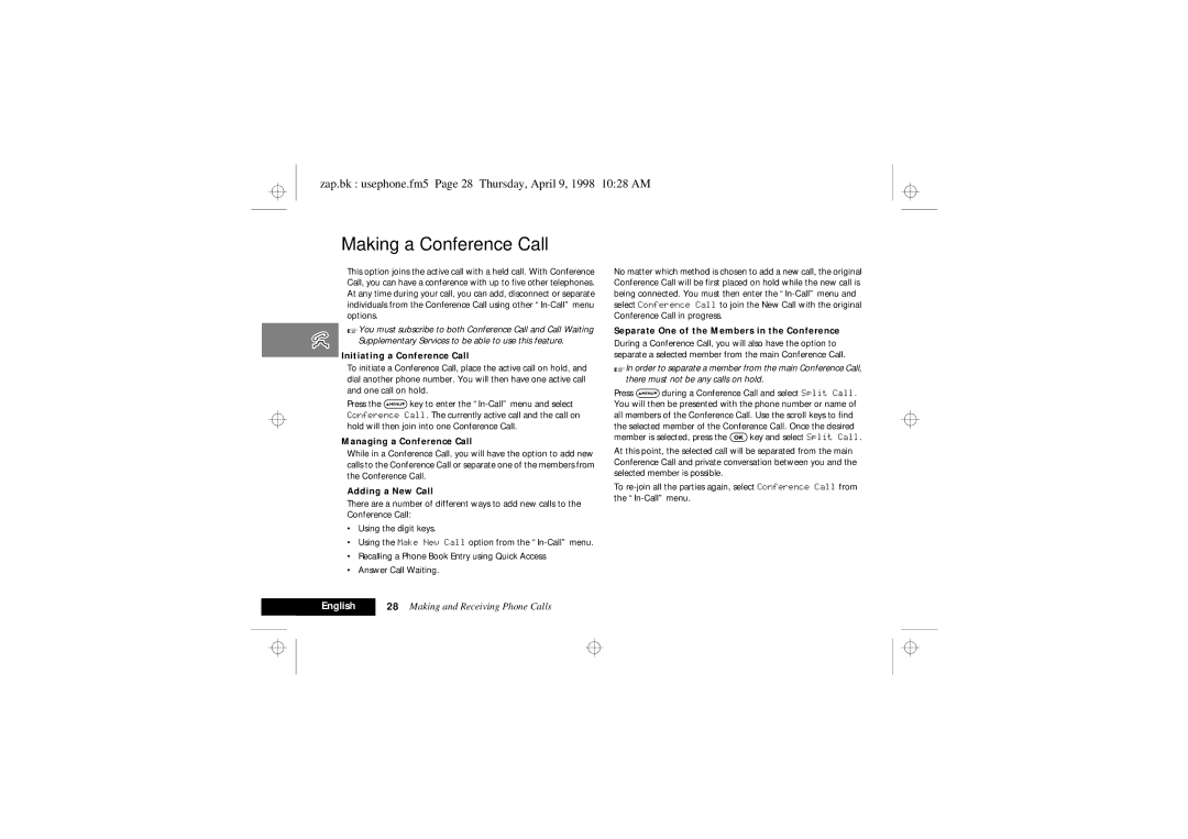 Motorola 900 Series manual Making a Conference Call, Zap.bk usephone.fm5 Page 28 Thursday, April 9, 1998 1028 AM 