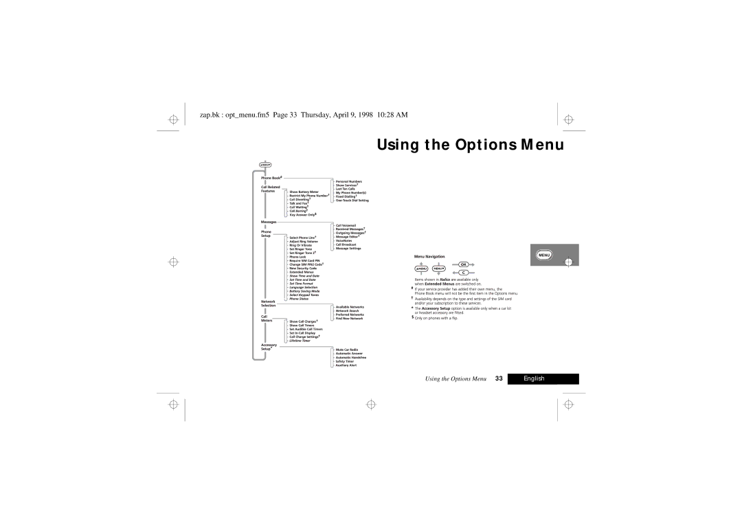 Motorola 900 Series manual Using the Options Menu, Zap.bk optmenu.fm5 Page 33 Thursday, April 9, 1998 1028 AM 