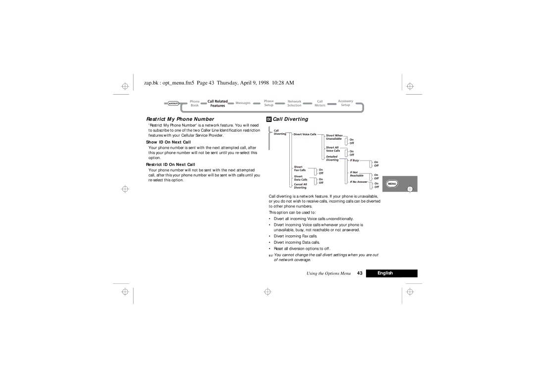 Motorola 900 Series Zap.bk optmenu.fm5 Page 43 Thursday, April 9, 1998 1028 AM, Restrict My Phone Number, Call Diverting 