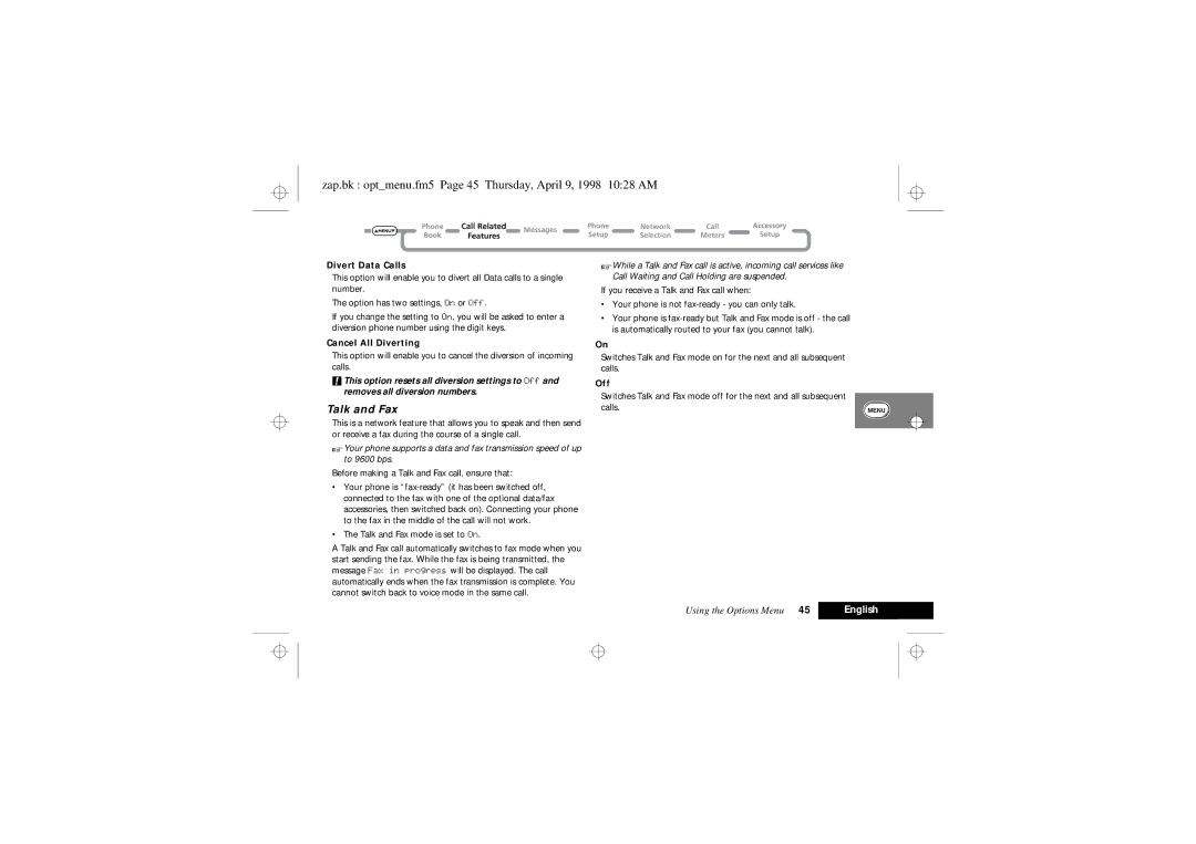 Motorola 900 Series manual Zap.bk optmenu.fm5 Page 45 Thursday, April 9, 1998 1028 AM, Talk and Fax, Divert Data Calls 