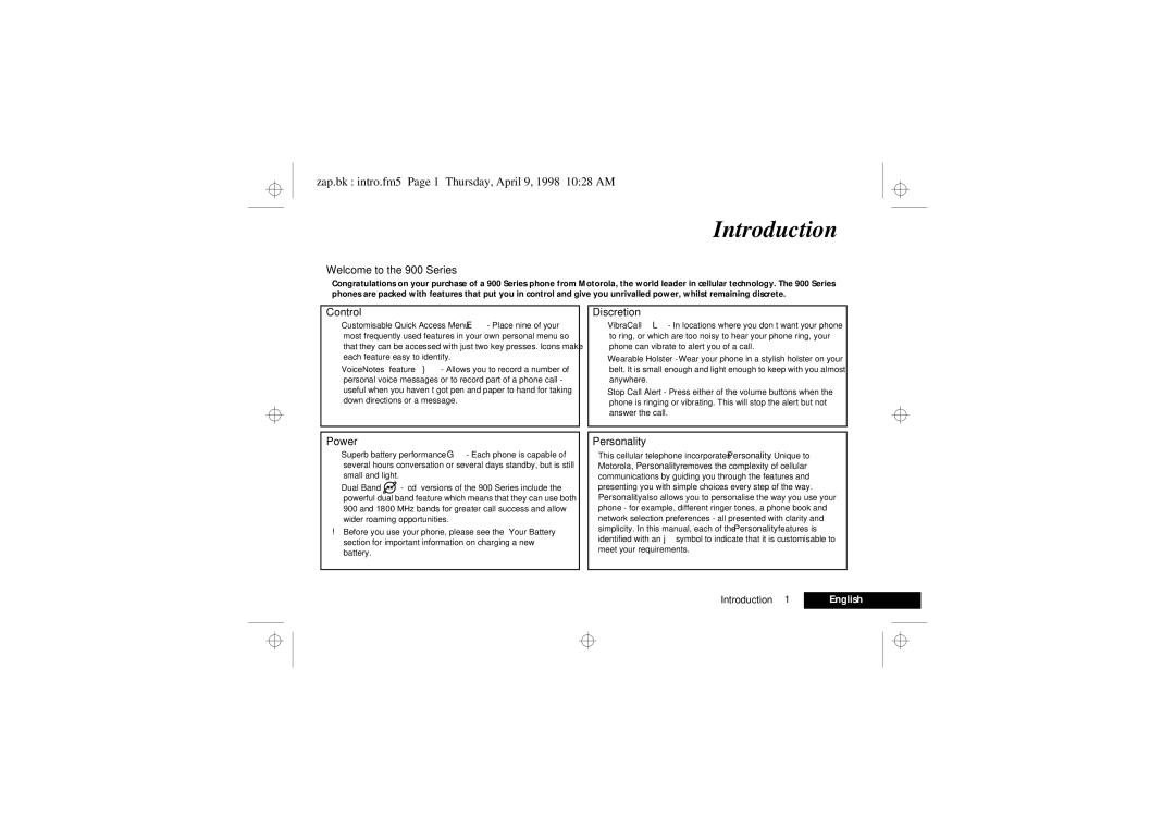 Motorola 900 Series manual Introduction, Zap.bk intro.fm5 Page 1 Thursday, April 9, 1998 1028 AM 