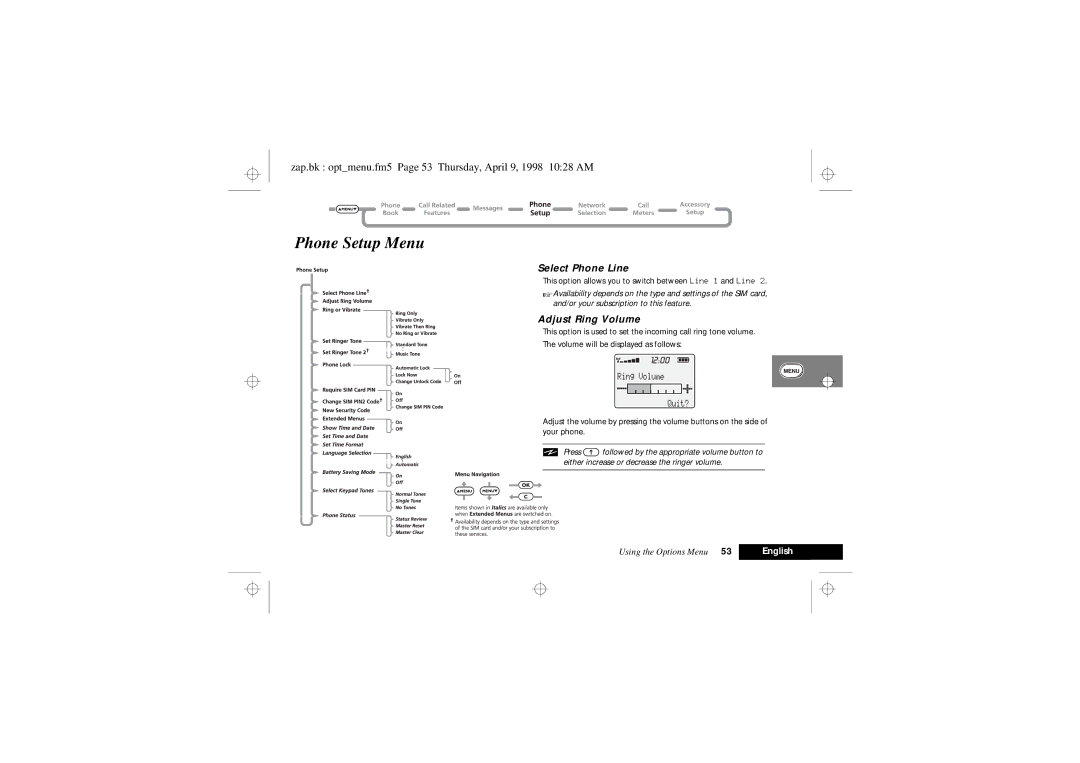 Motorola 900 Series manual Phone Setup Menu, Zap.bk optmenu.fm5 Page 53 Thursday, April 9, 1998 1028 AM, Select Phone Line 