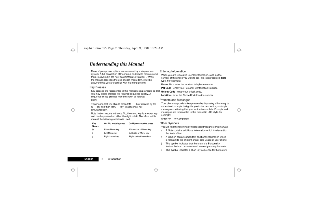 Motorola 900 Series manual Understanding this Manual, Zap.bk intro.fm5 Page 2 Thursday, April 9, 1998 1028 AM 