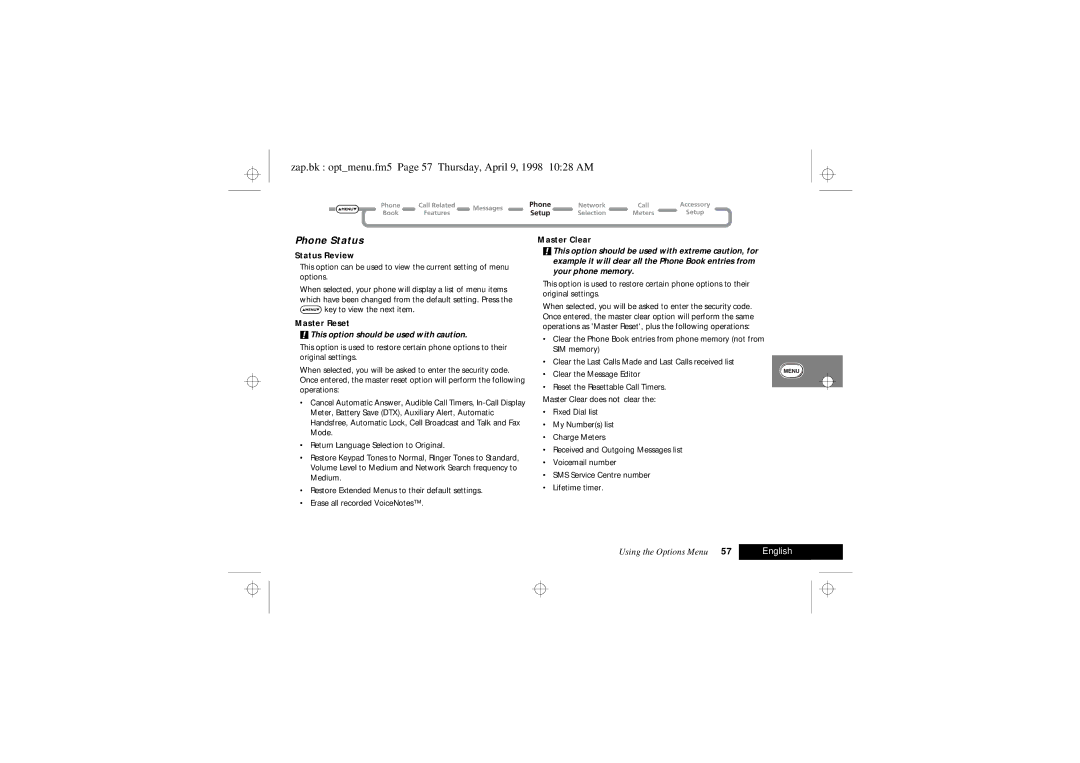 Motorola 900 Series Zap.bk optmenu.fm5 Page 57 Thursday, April 9, 1998 1028 AM, Phone Status, Status Review, Master Reset 