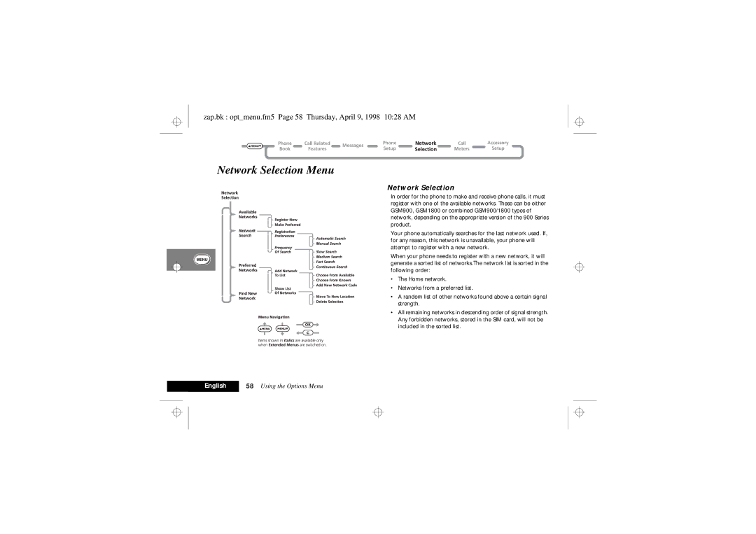 Motorola 900 Series manual Network Selection Menu, Zap.bk optmenu.fm5 Page 58 Thursday, April 9, 1998 1028 AM 