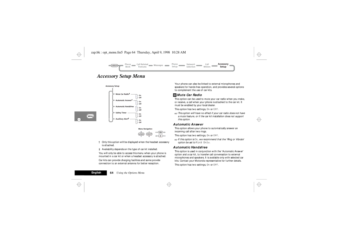 Motorola 900 Series manual Accessory Setup Menu, Zap.bk optmenu.fm5 Page 64 Thursday, April 9, 1998 1028 AM, Mute Car Radio 