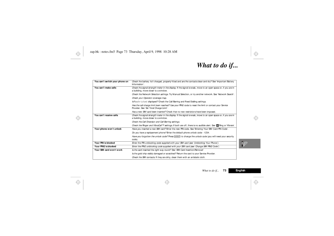 Motorola 900 Series manual What to do if, Zap.bk notes.fm5 Page 73 Thursday, April 9, 1998 1028 AM 