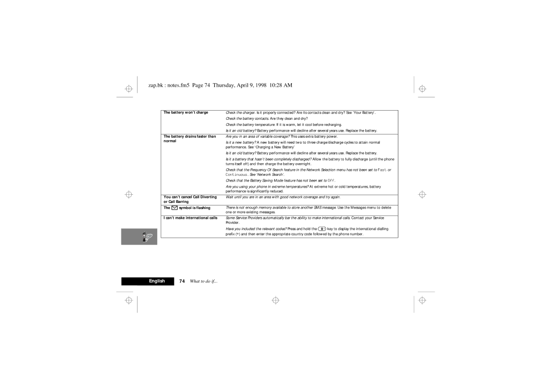 Motorola 900 Series manual Zap.bk notes.fm5 Page 74 Thursday, April 9, 1998 1028 AM, Battery drains faster than normal 