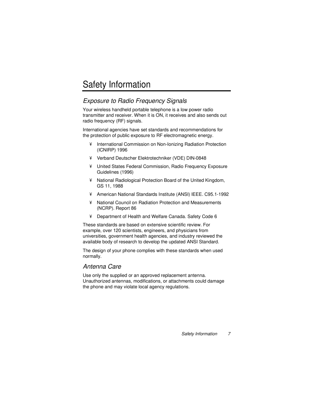 Motorola 9500 manual Safety Information, Exposure to Radio Frequency Signals, Antenna Care 