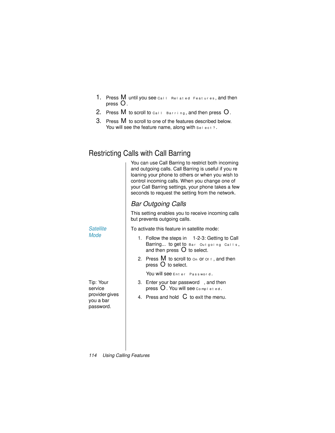 Motorola 9500 manual Restricting Calls with Call Barring, 3Getting to Call Barring, Bar Outgoing Calls, Tip Your 