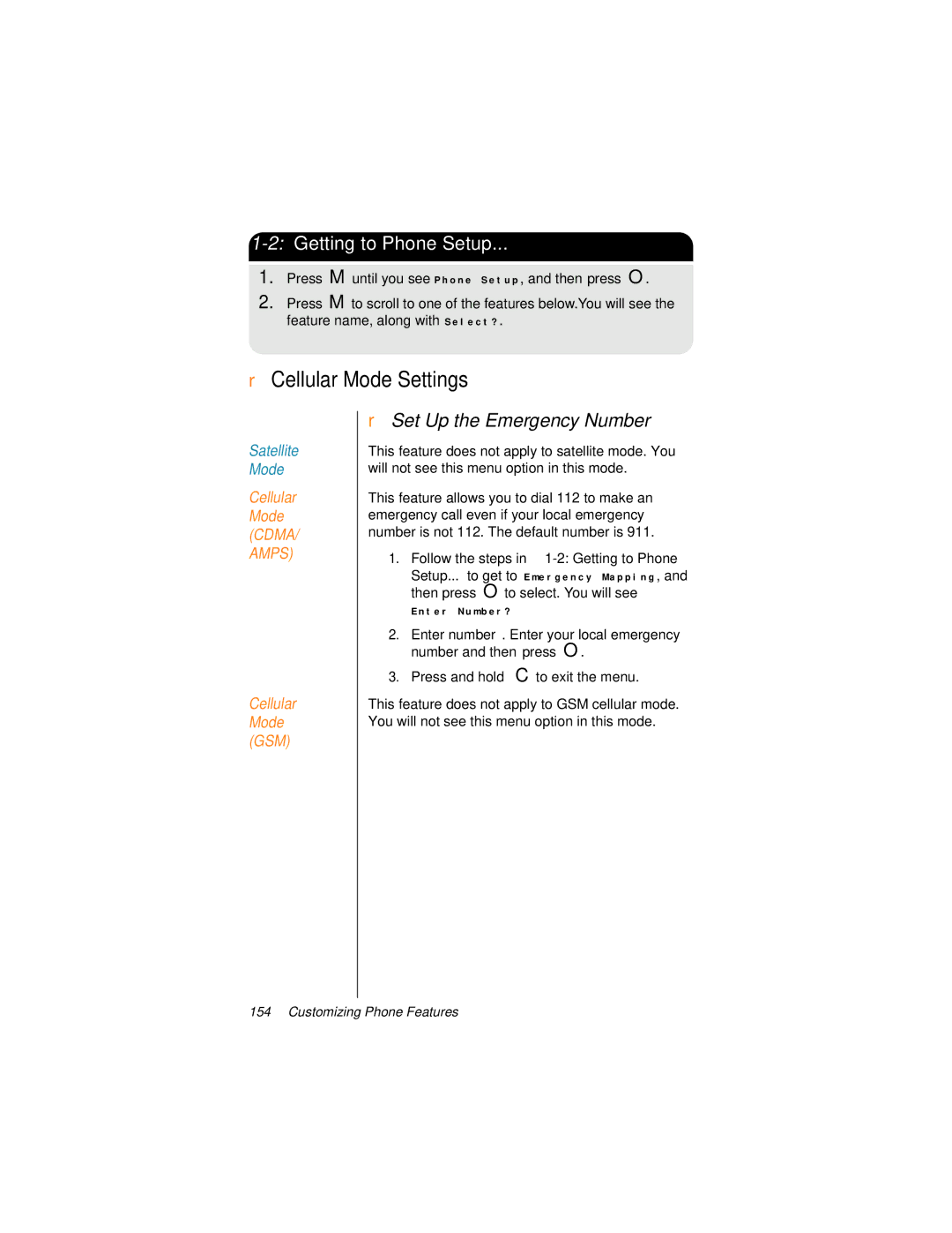 Motorola 9500 manual Cellular Mode Settings, Set Up the Emergency Number 