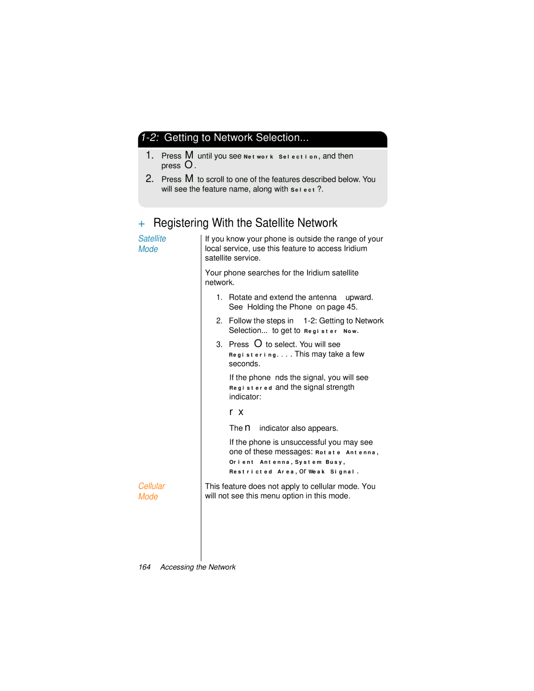 Motorola 9500 manual + Registering With the Satellite Network, 2Getting to Network Selection 