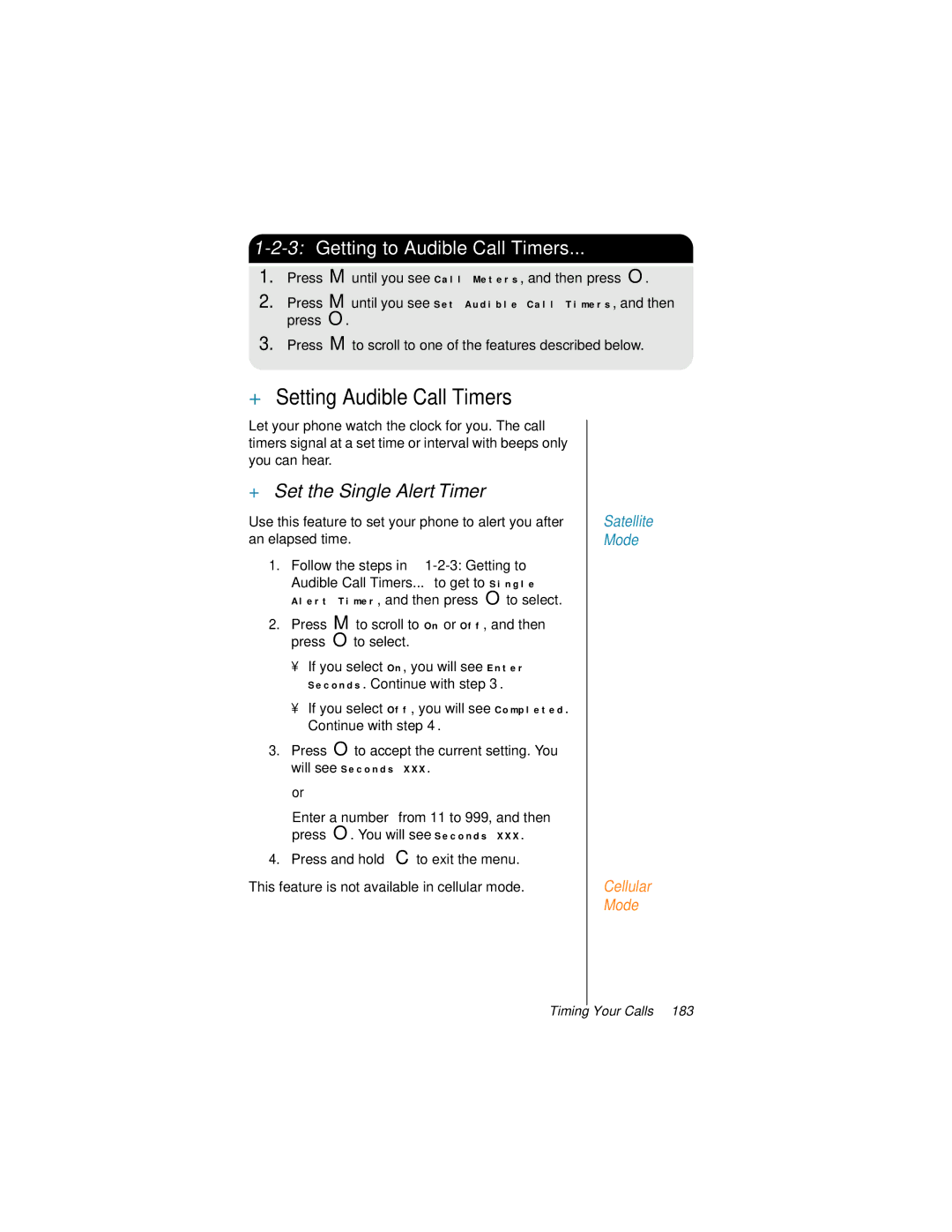 Motorola 9500 manual + Setting Audible Call Timers, 3Getting to Audible Call Timers, + Set the Single Alert Timer 