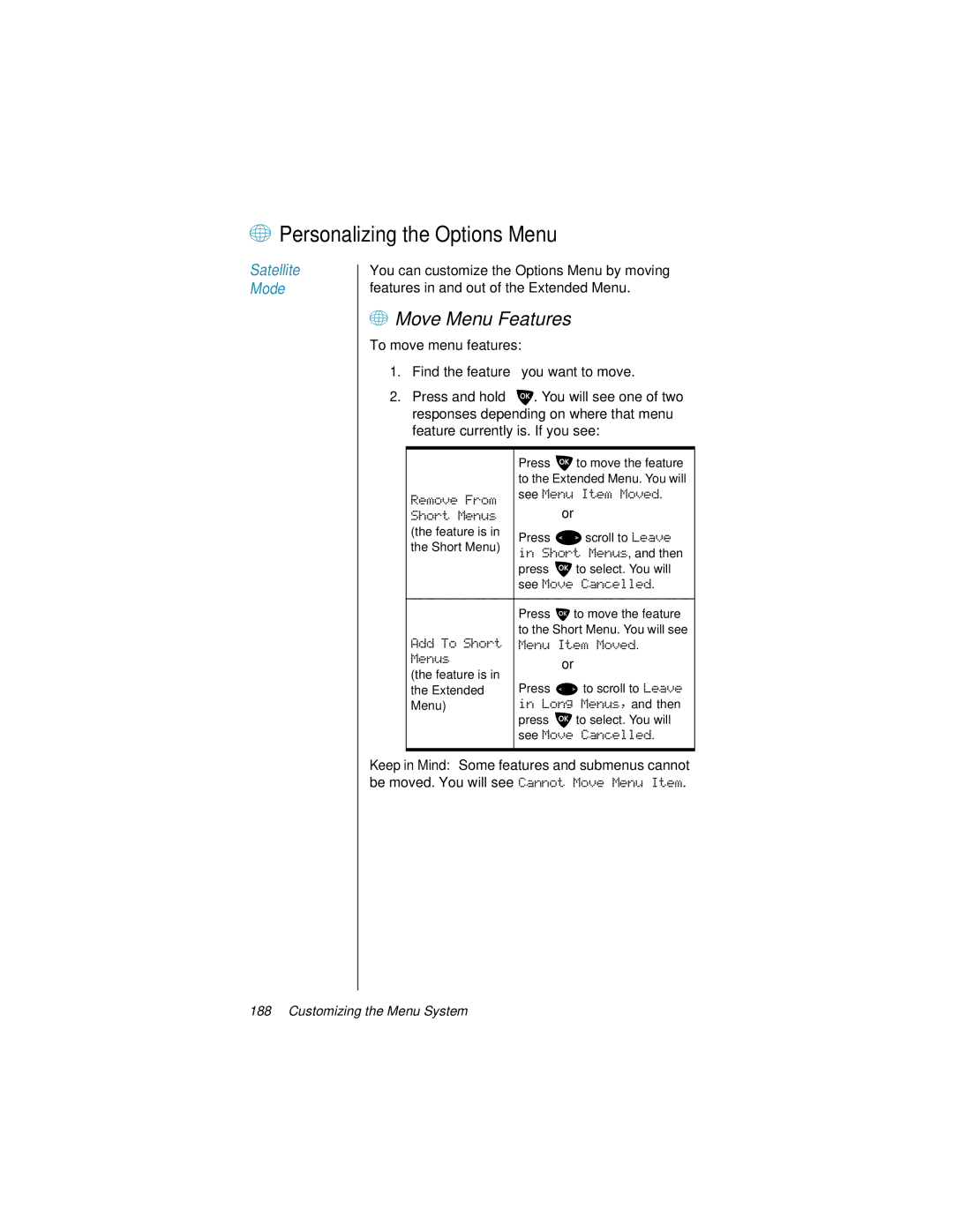 Motorola 9500 manual + Personalizing the Options Menu, + Move Menu Features, Find the feature you want to move 