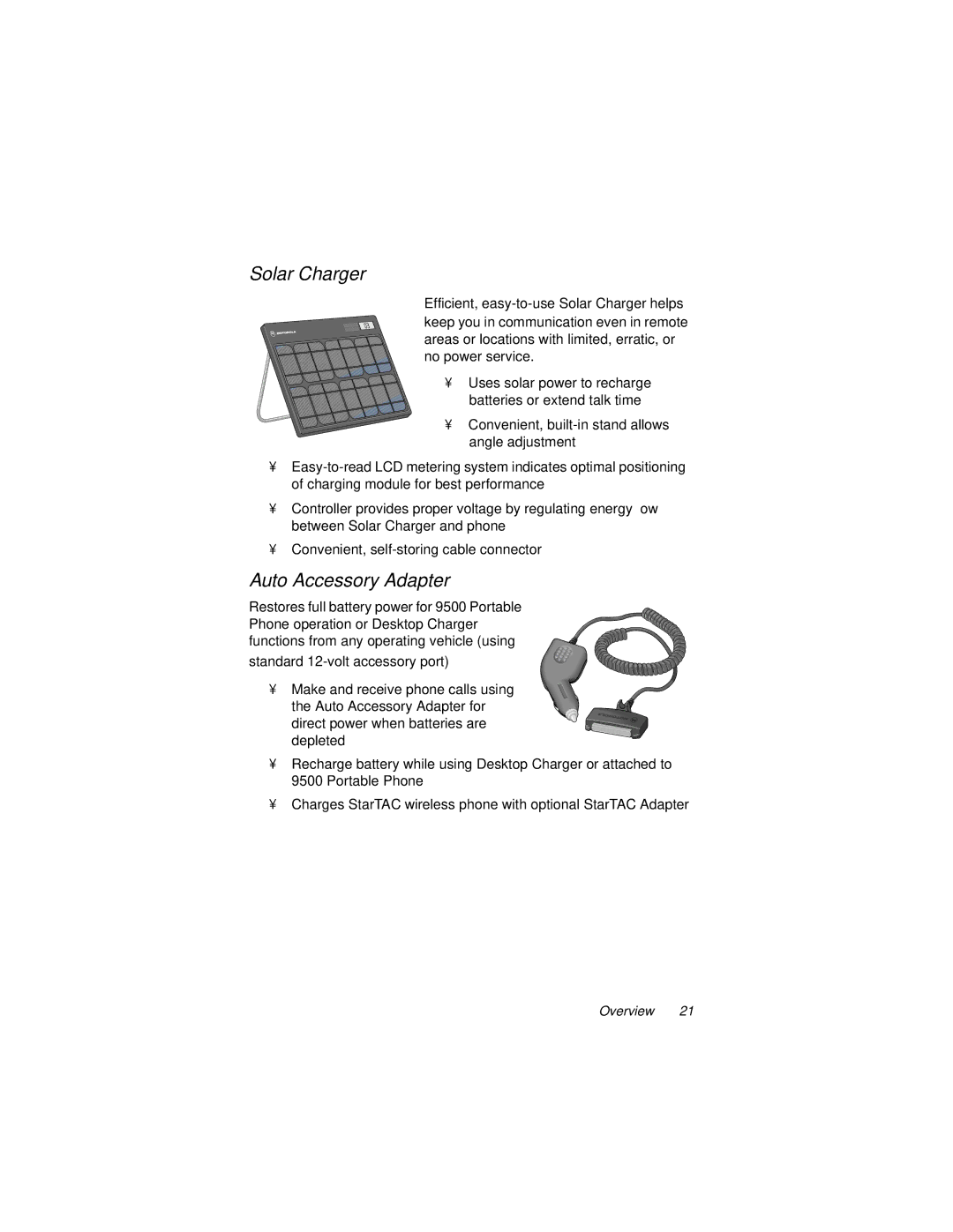 Motorola 9500 manual Solar Charger, Auto Accessory Adapter 