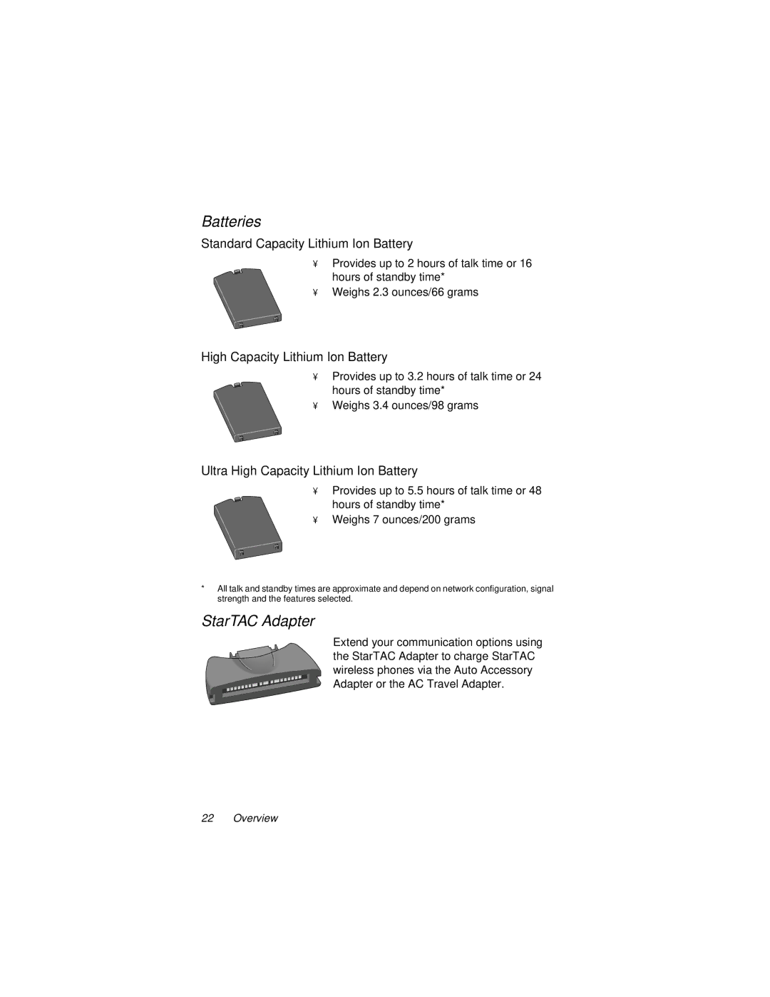 Motorola 9500 manual Batteries, StarTAC Adapter 