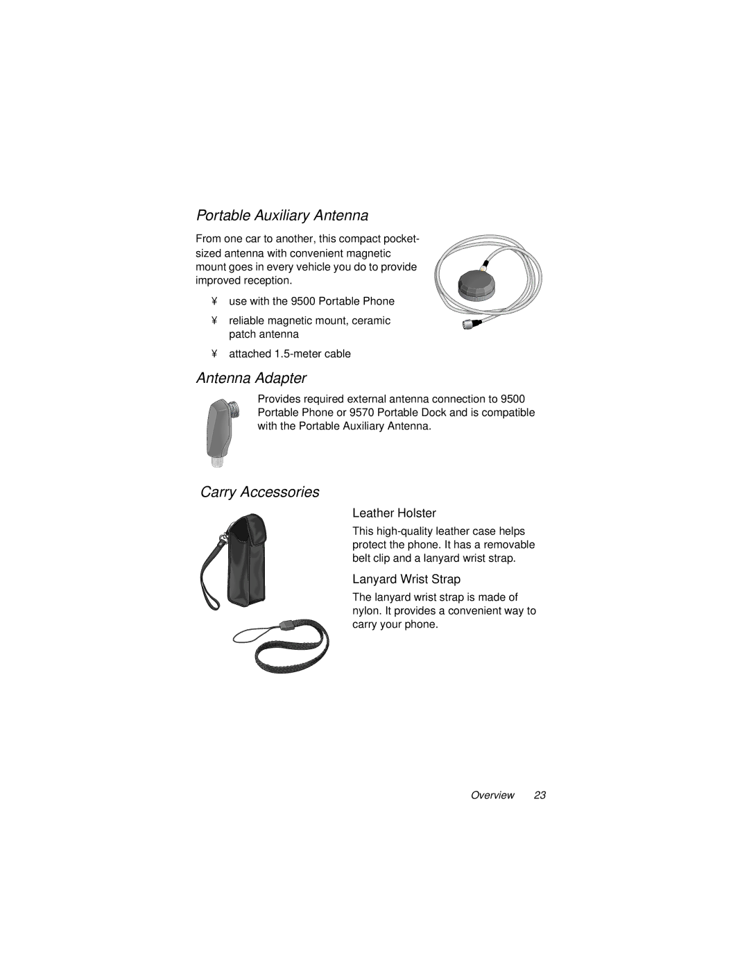 Motorola 9500 manual Portable Auxiliary Antenna, Antenna Adapter, Carry Accessories 