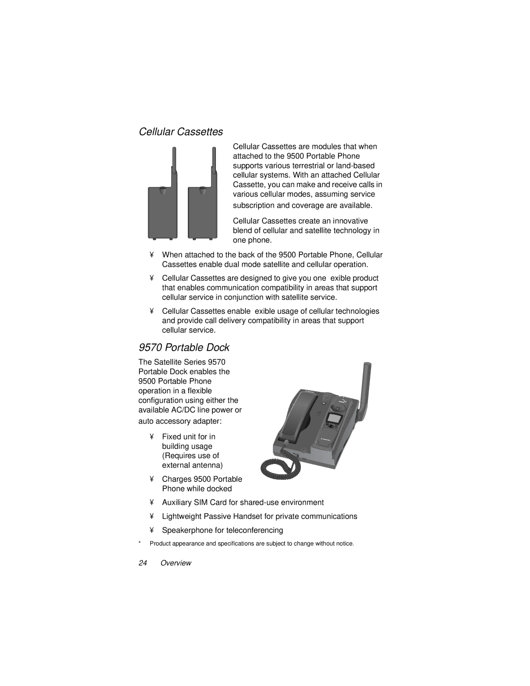 Motorola 9500 manual Cellular Cassettes, Portable Dock 