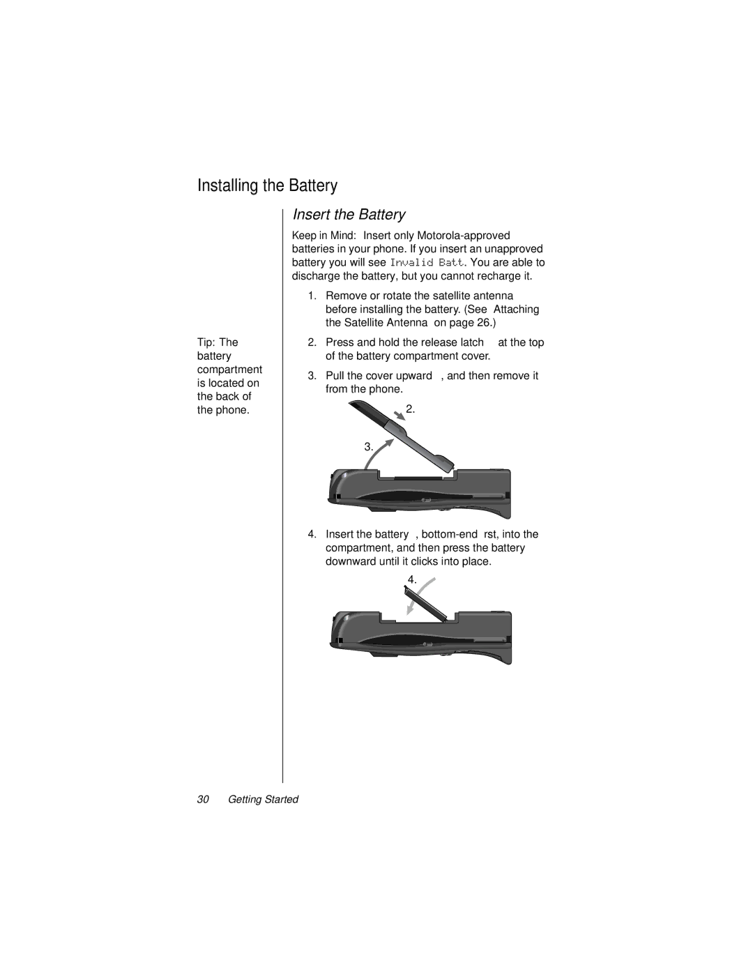 Motorola 9500 manual Installing the Battery, Insert the Battery, Tip 