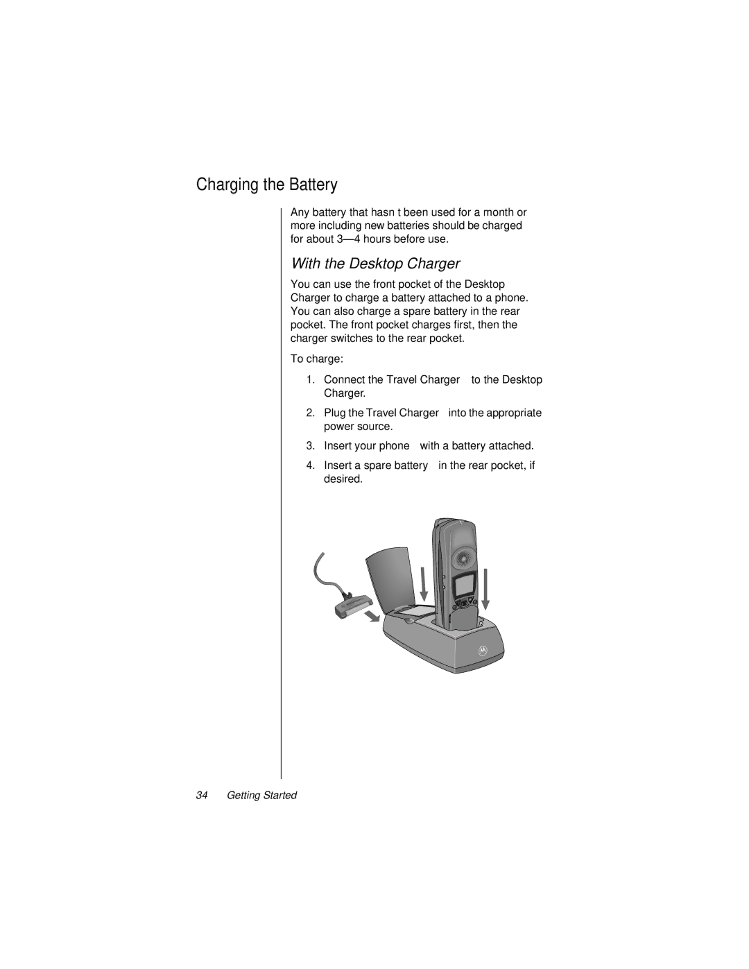 Motorola 9500 manual Charging the Battery, With the Desktop Charger, Insert a spare battery in the rear pocket, if desired 