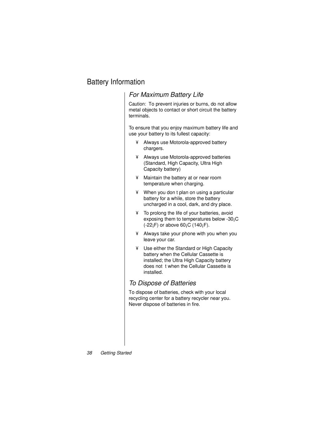 Motorola 9500 manual Battery Information, For Maximum Battery Life, To Dispose of Batteries 