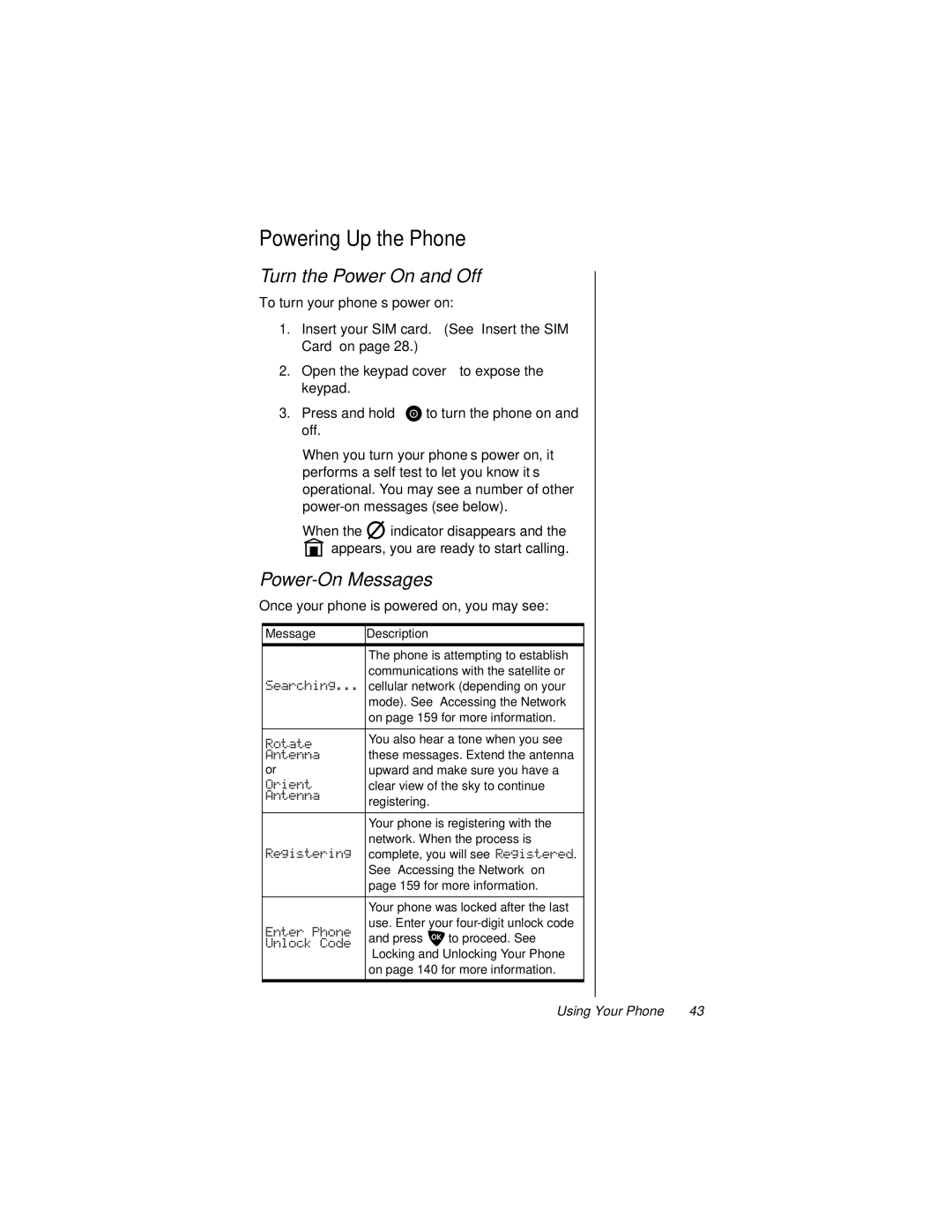 Motorola 9500 manual Powering Up the Phone, Turn the Power On and Off, Power-On Messages 