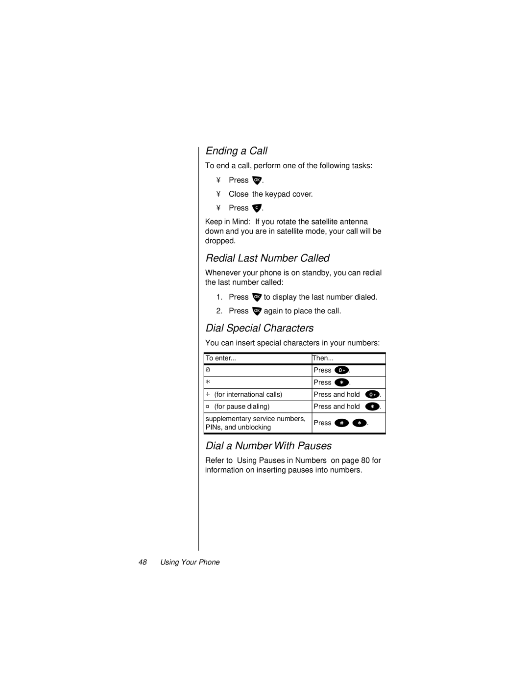 Motorola 9500 manual Ending a Call, Redial Last Number Called, Dial Special Characters, Dial a Number With Pauses 