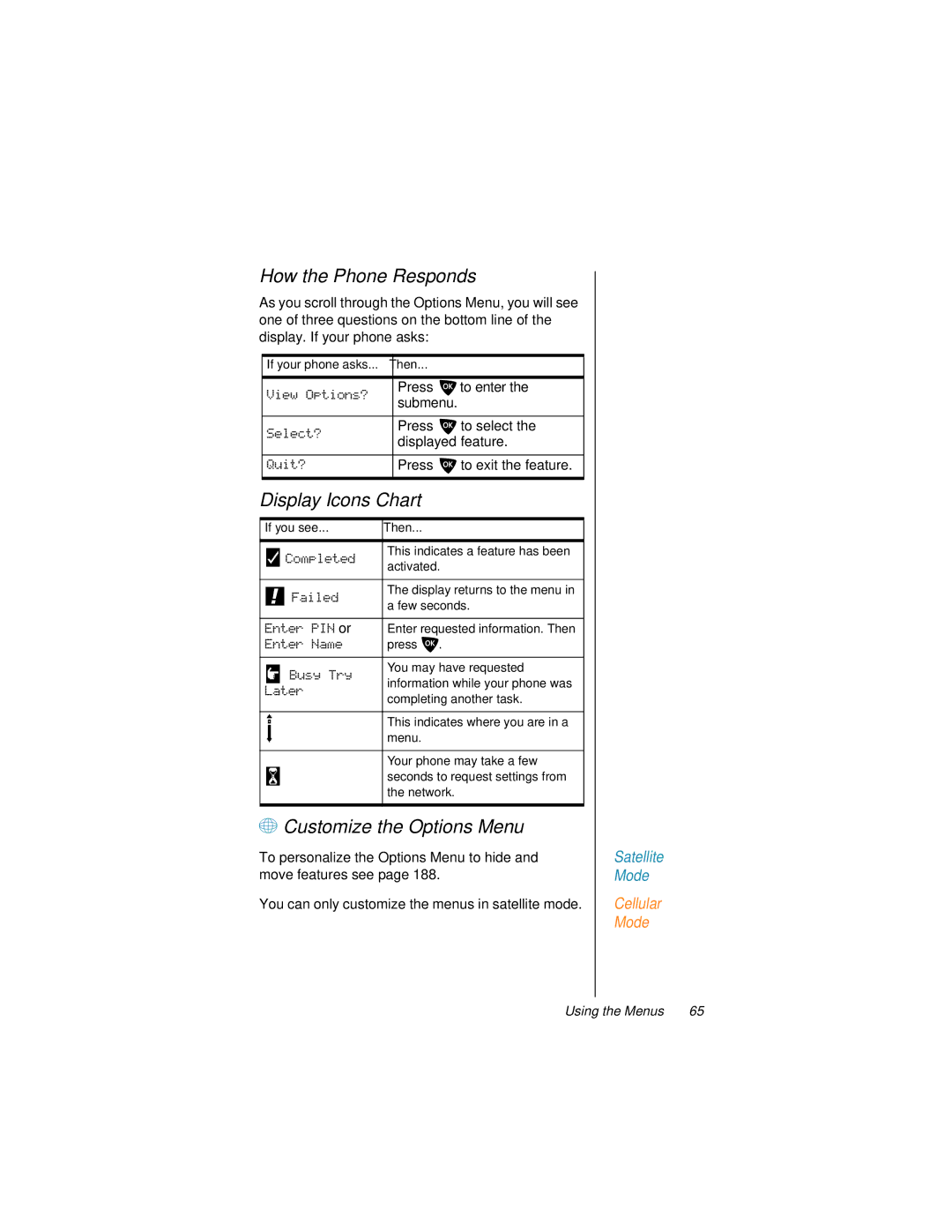 Motorola 9500 manual How the Phone Responds, Display Icons Chart, + Customize the Options Menu, If your phone asks... Then 