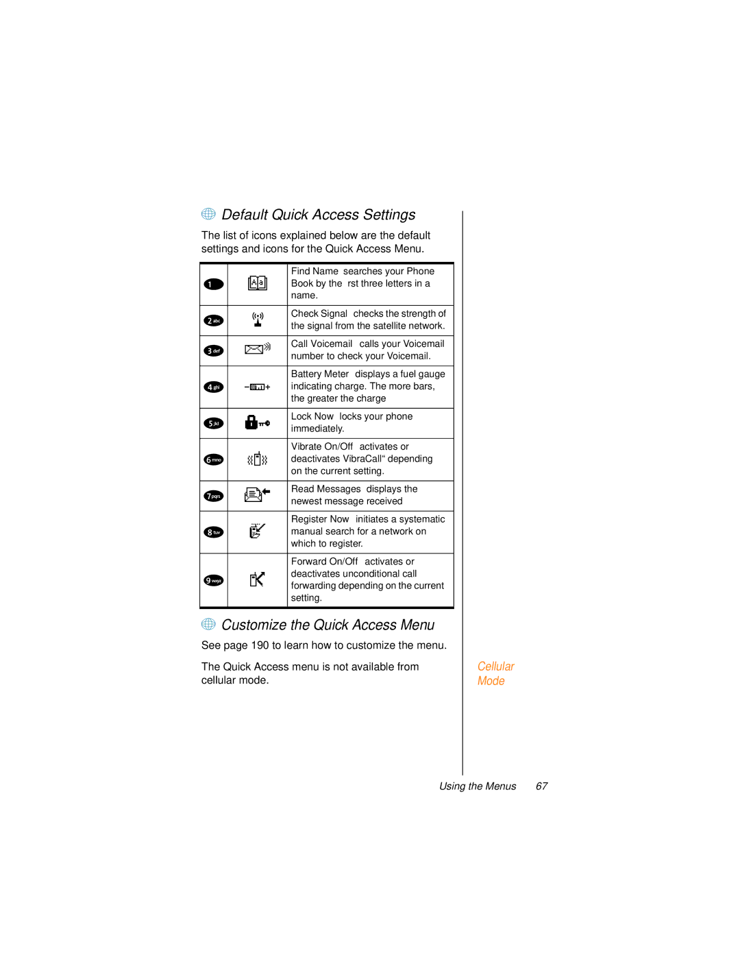 Motorola 9500 manual + Default Quick Access Settings, + Customize the Quick Access Menu, Vibrate On/Off activates or 