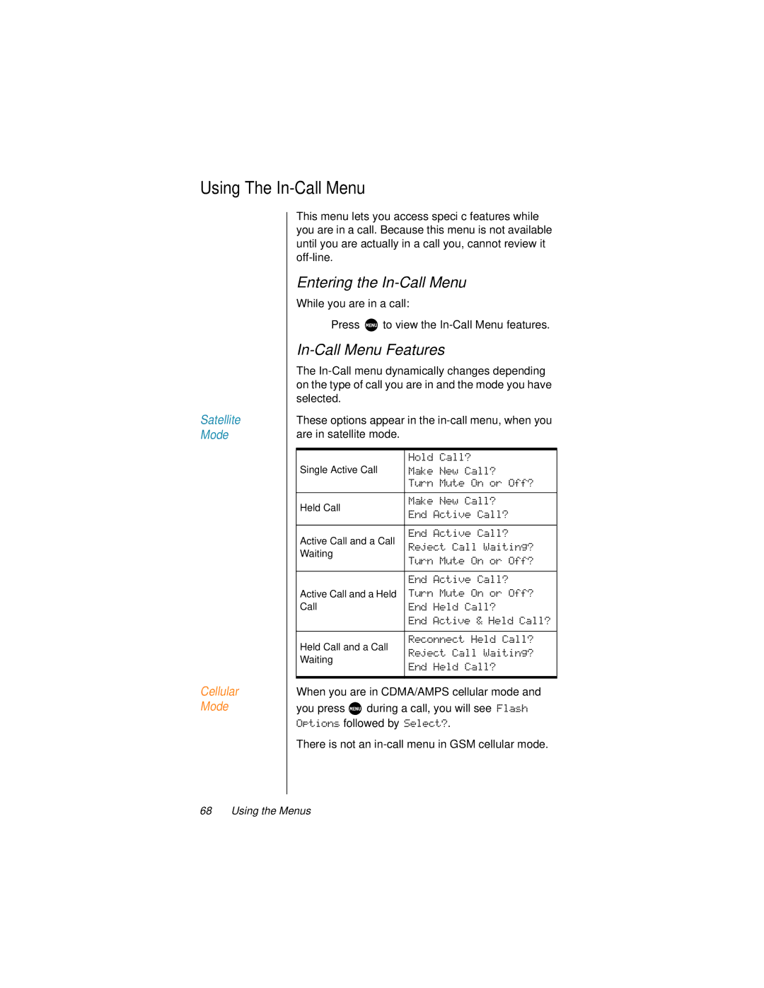 Motorola 9500 manual Using The In-Call Menu, Entering the In-Call Menu, In-Call Menu Features 