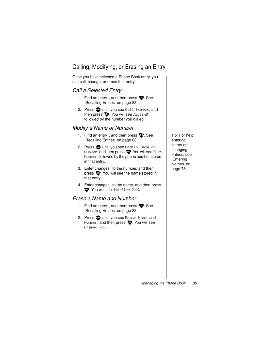 Motorola 9500 manual Calling, Modifying, or Erasing an Entry, Call a Selected Entry, Modify a Name or Number 