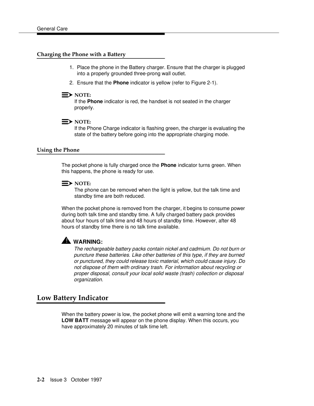 Motorola 9601 manual Low Battery Indicator, Charging the Phone with a Battery, Using the Phone 