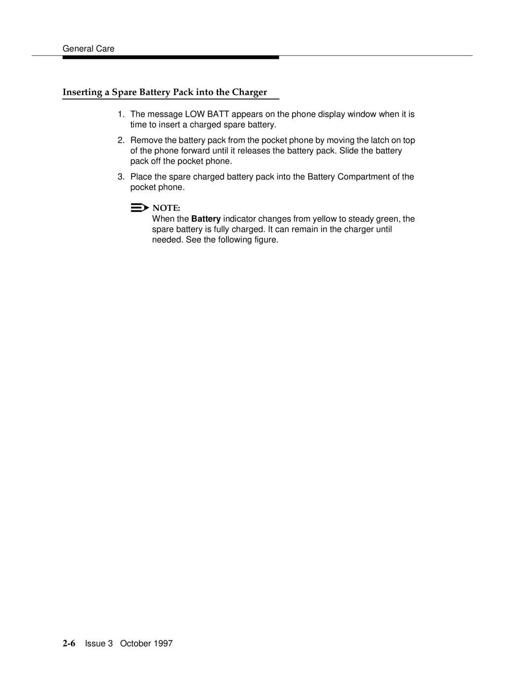 Motorola 9601 manual Inserting a Spare Battery Pack into the Charger 