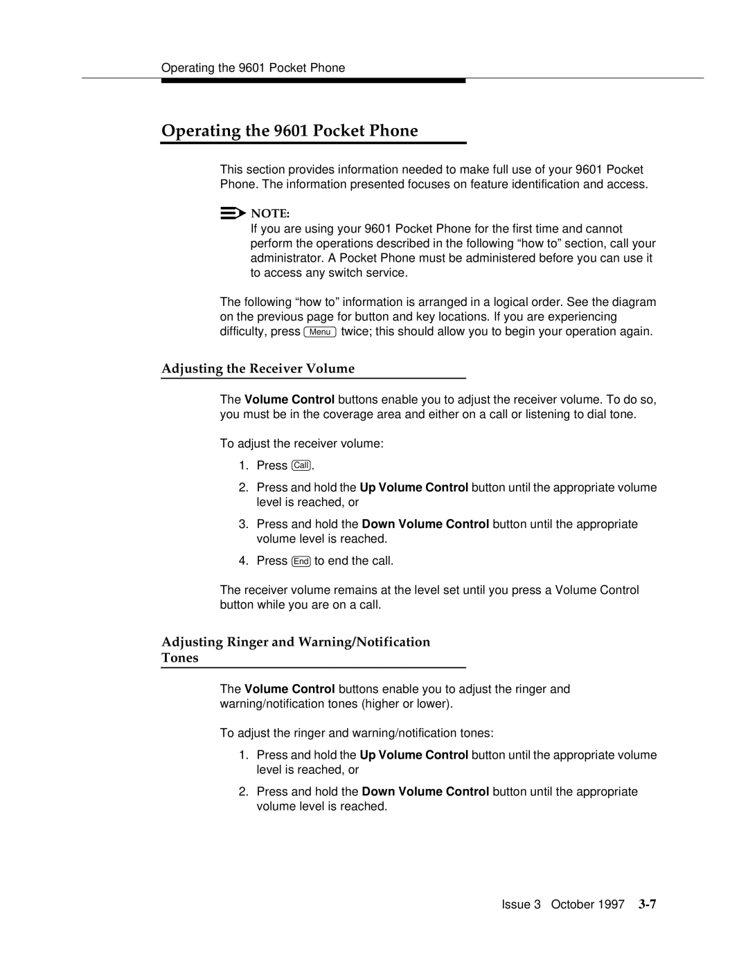 Motorola manual Operating the 9601 Pocket Phone, Adjusting the Receiver Volume 