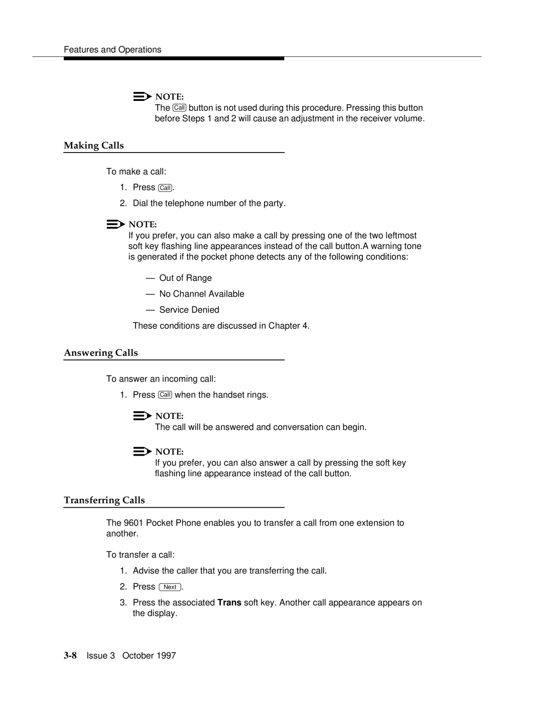 Motorola 9601 manual Making Calls, Answering Calls, Transferring Calls 