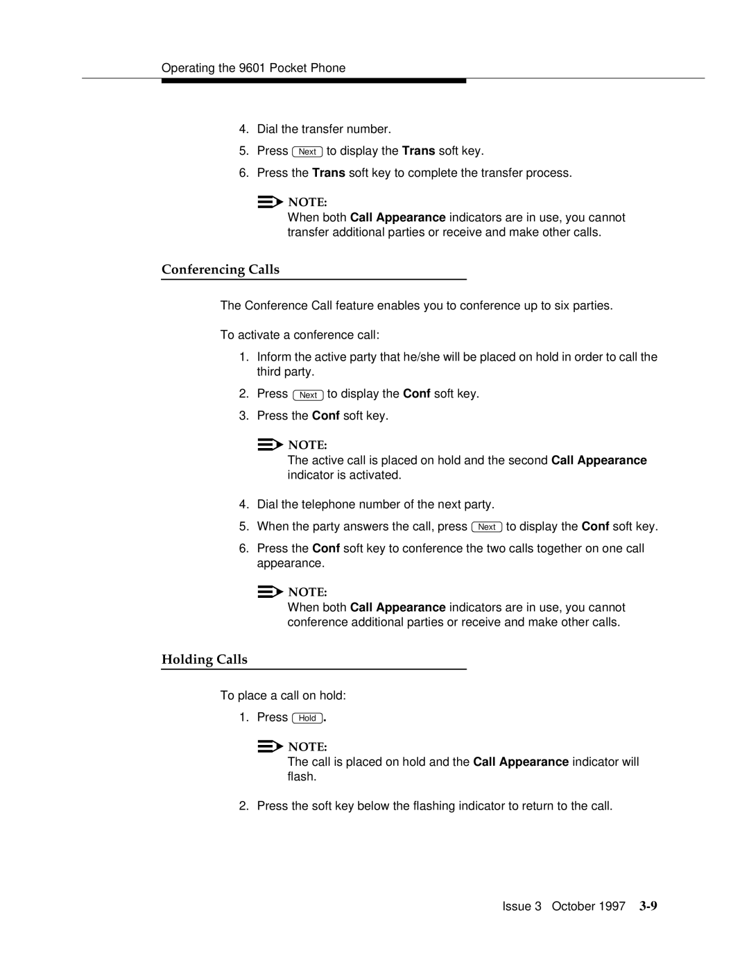 Motorola 9601 manual Conferencing Calls, Holding Calls 