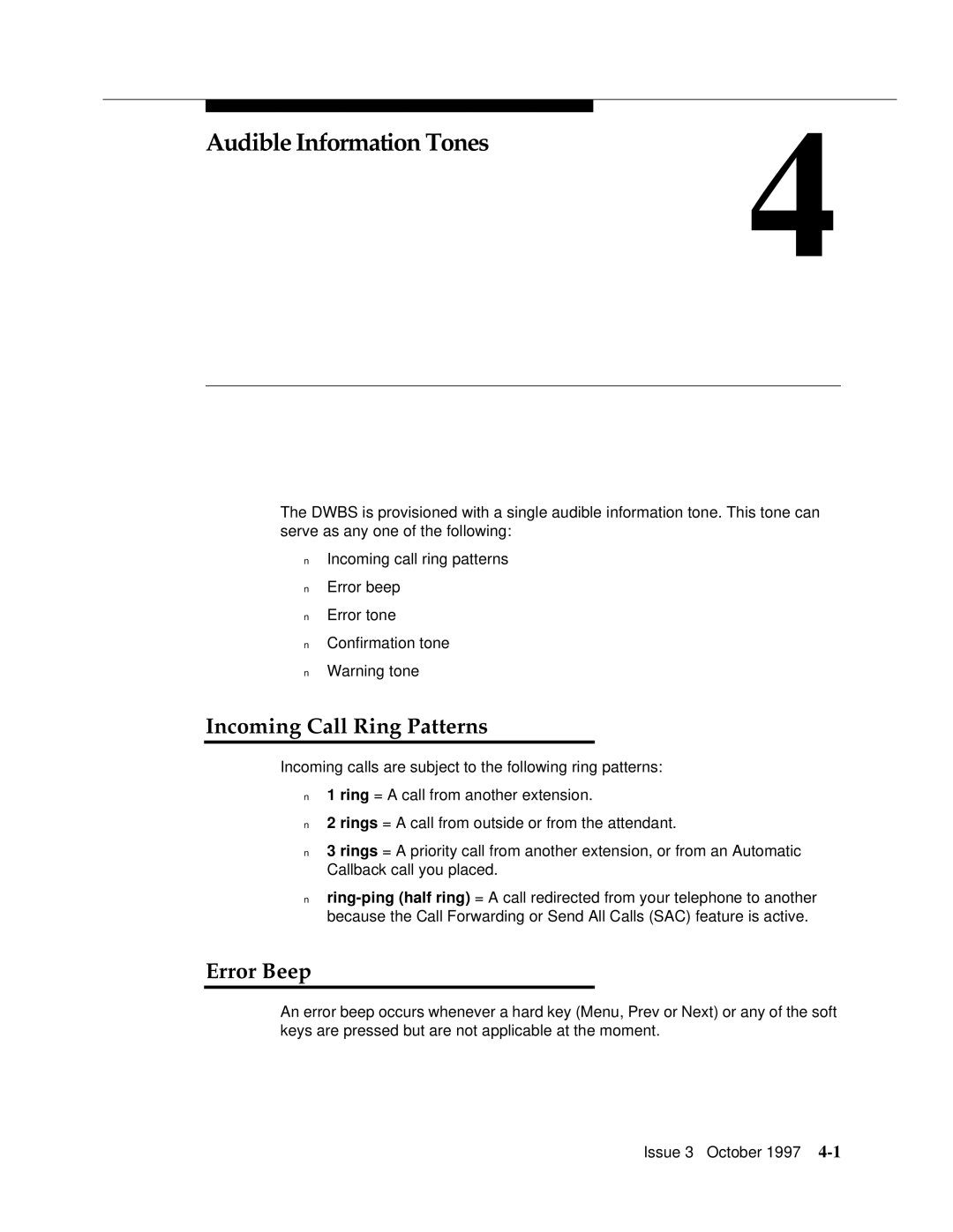 Motorola 9601 manual Audible Information Tones, Incoming Call Ring Patterns, Error Beep 