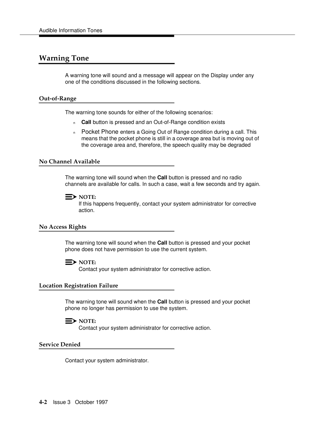 Motorola 9601 manual Out-of-Range, No Channel Available, No Access Rights, Location Registration Failure, Service Denied 