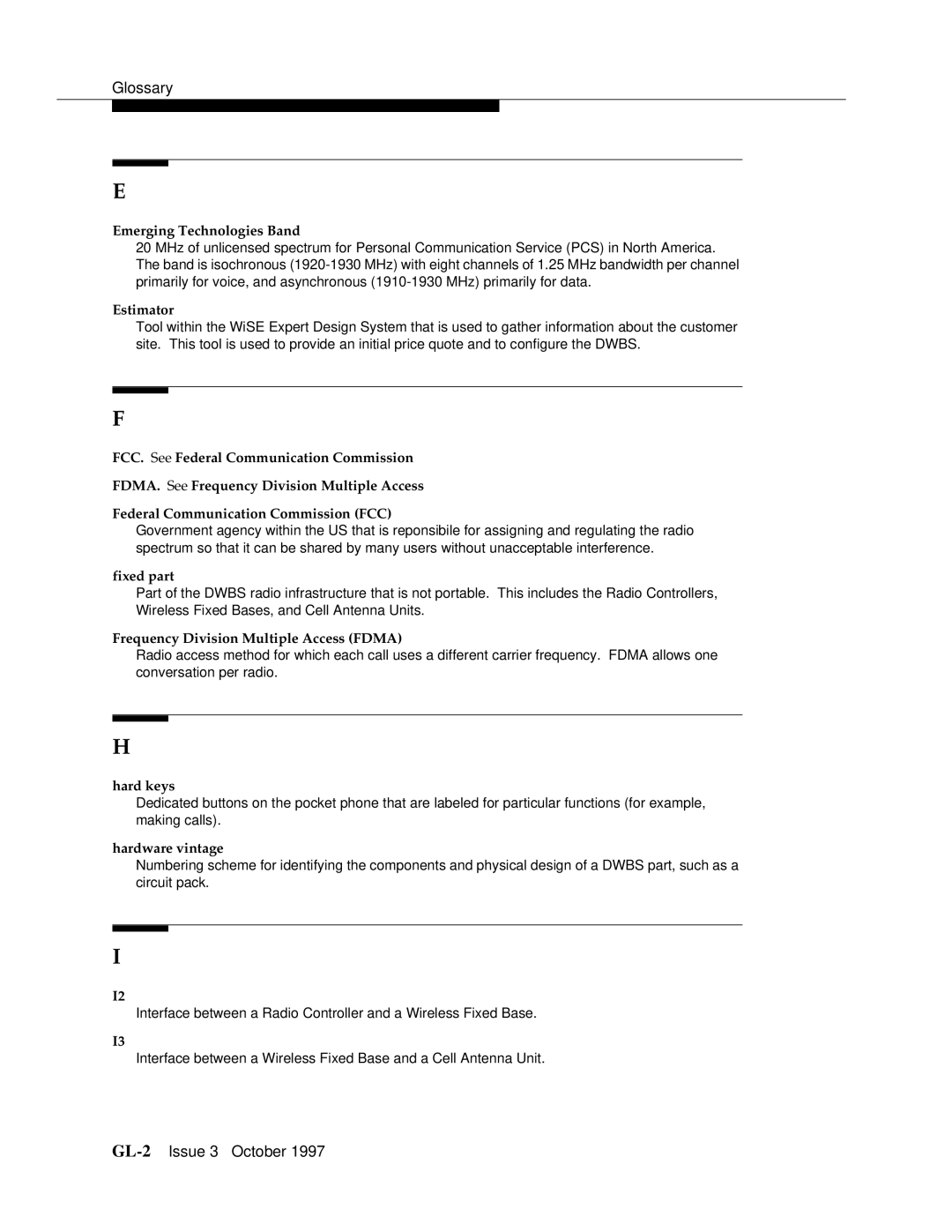 Motorola 9601 manual Emerging Technologies Band, Estimator, Fixed part, Frequency Division Multiple Access Fdma, Hard keys 