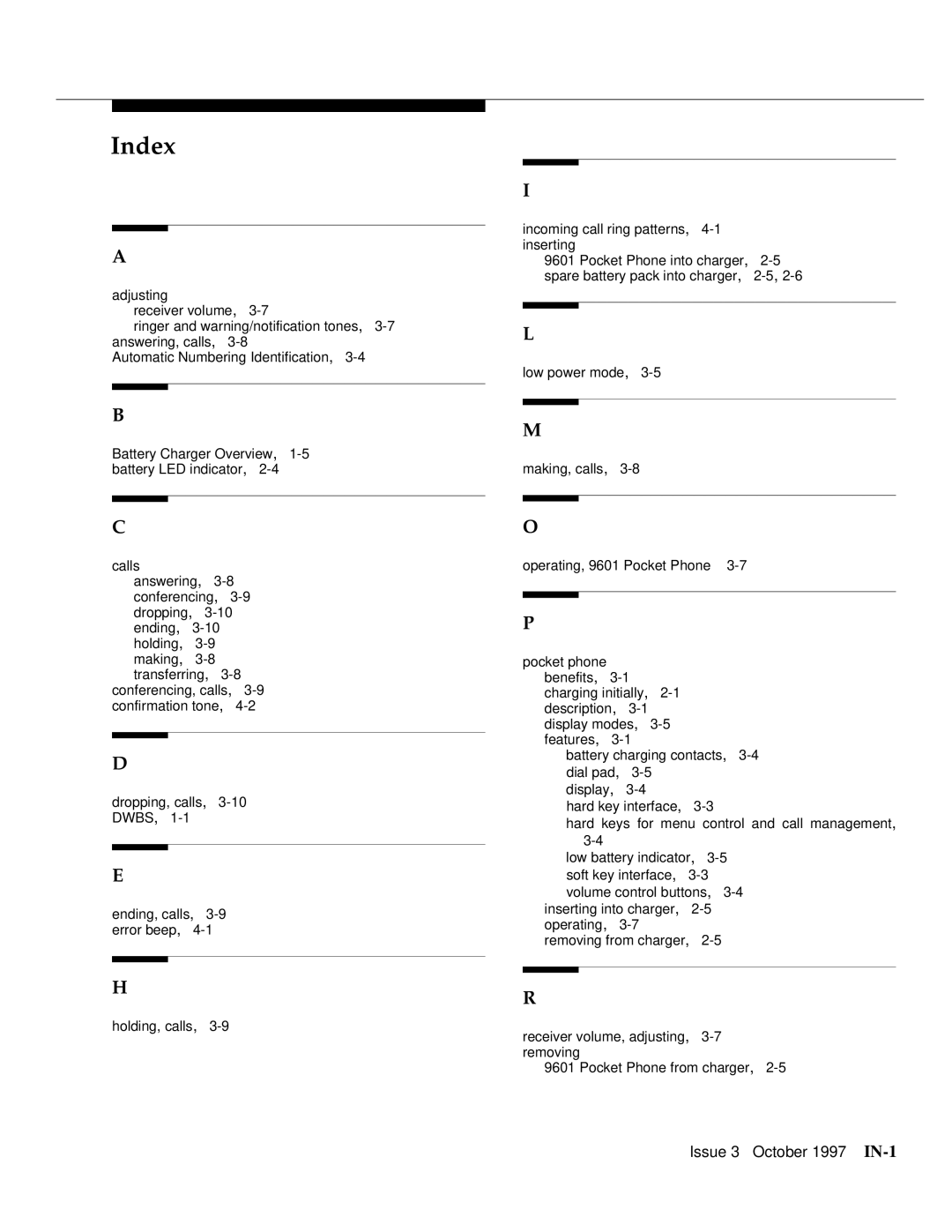 Motorola 9601 manual Index 