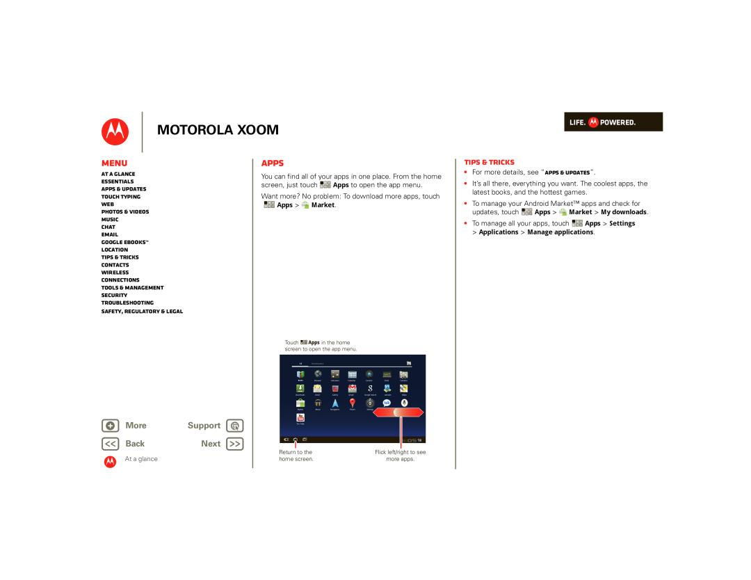 Motorola SJ1558RA, 990000745 manual Apps, Motorola Xoom, Menu, Tips & tricks, + More, Support, BackNext, Life. Powered 