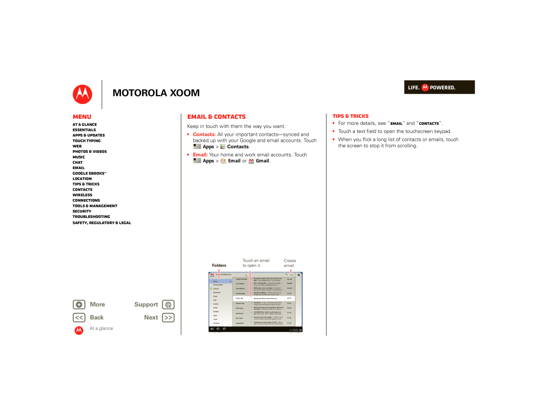 Motorola 00001NARGNLX manual Email & contacts, Apps Contacts, Motorola Xoom, Menu, Tips & tricks, + More, Support, BackNext 