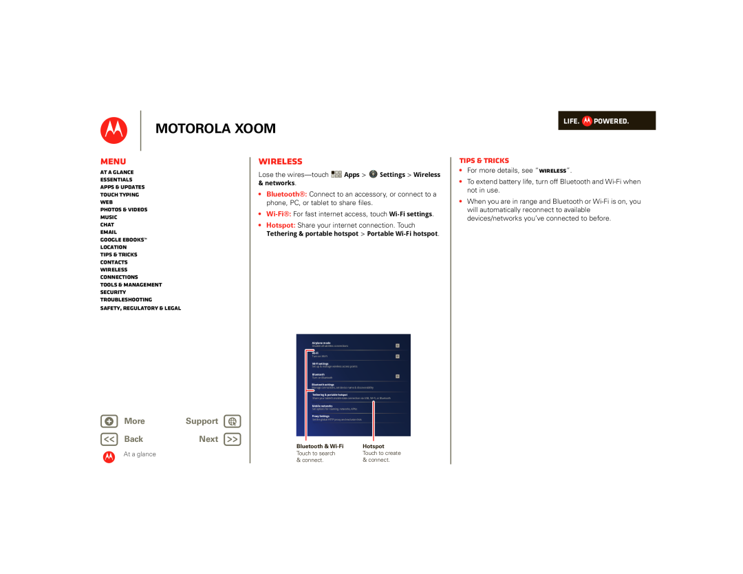 Motorola 990000745 Wireless, Motorola Xoom, Menu, Tips & tricks, + More, Support, BackNext, Life. Powered, At a glance 